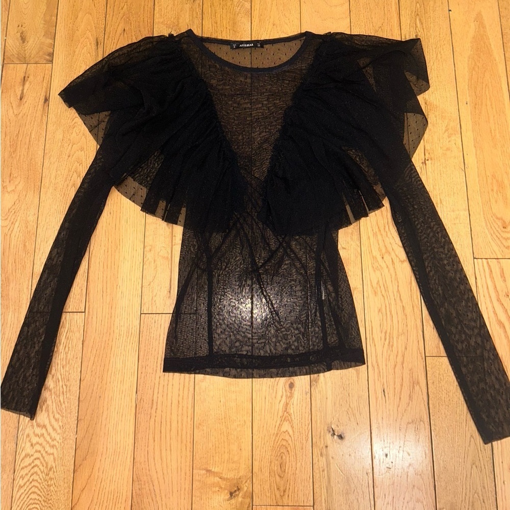 Pull&BearSheer Frill Long‎ Sleeve Black Top Size Small